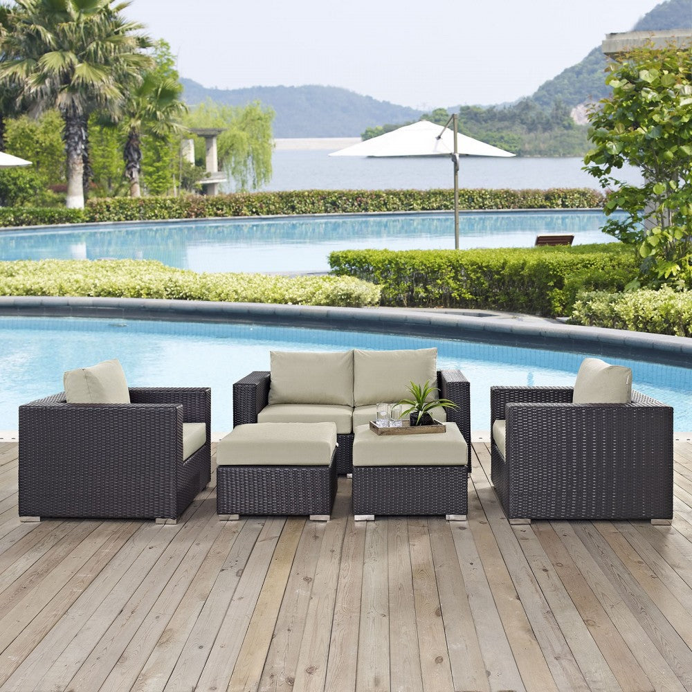 Convene 5 Piece Outdoor Patio Sofa Set, Espresso Beige