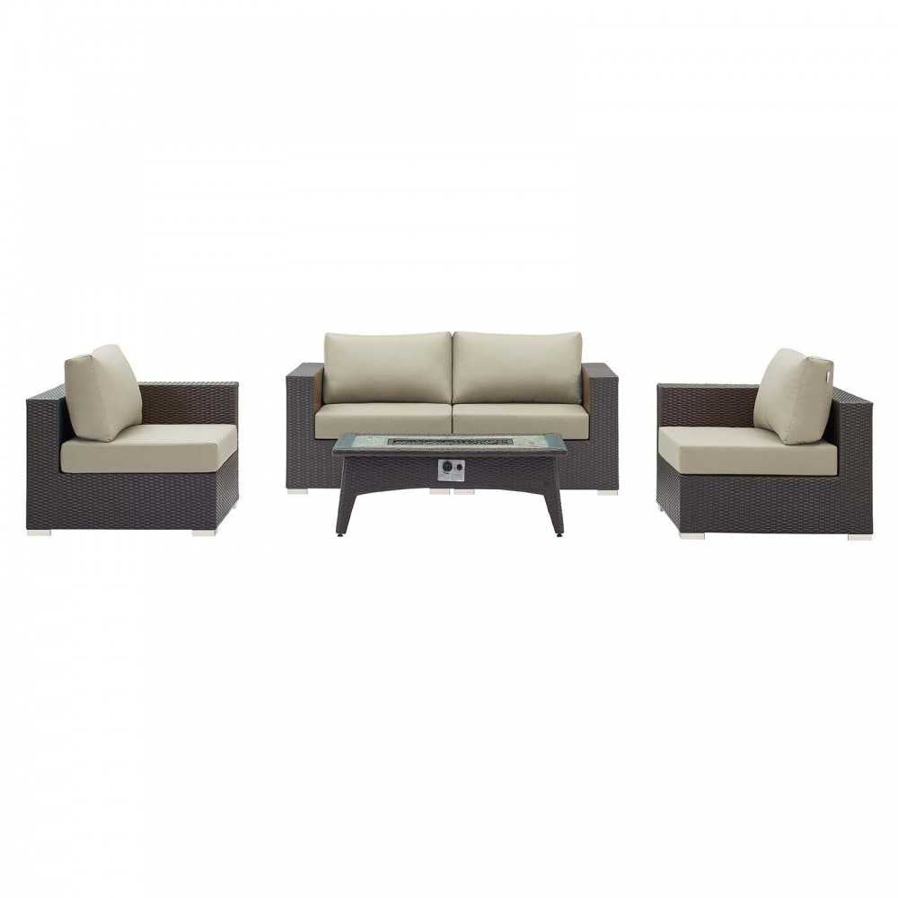 Convene 5 Piece Set Outdoor Patio with Fire Pit, Espresso Beige, EEI-3728-EXP-BEI-SET