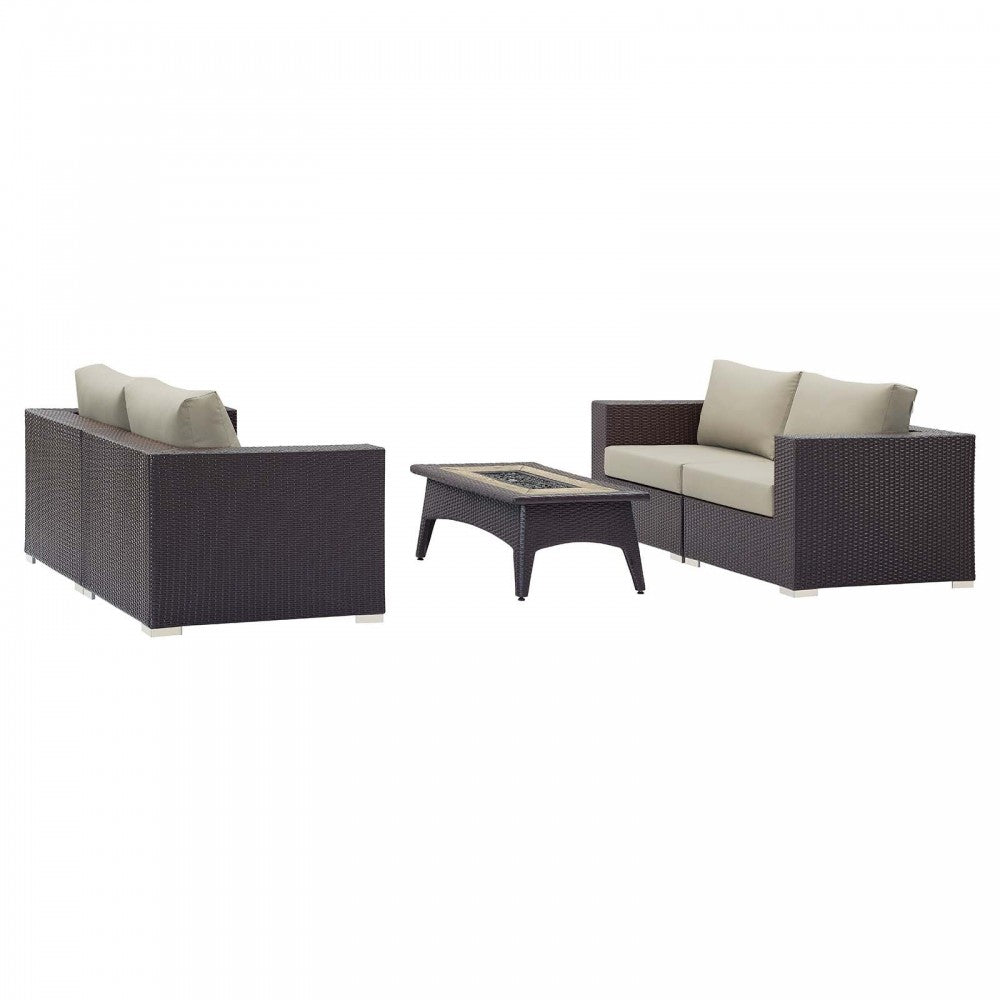 Convene 5 Piece Set Outdoor Patio with Fire Pit, Espresso Beige, EEI-3728-EXP-BEI-SET