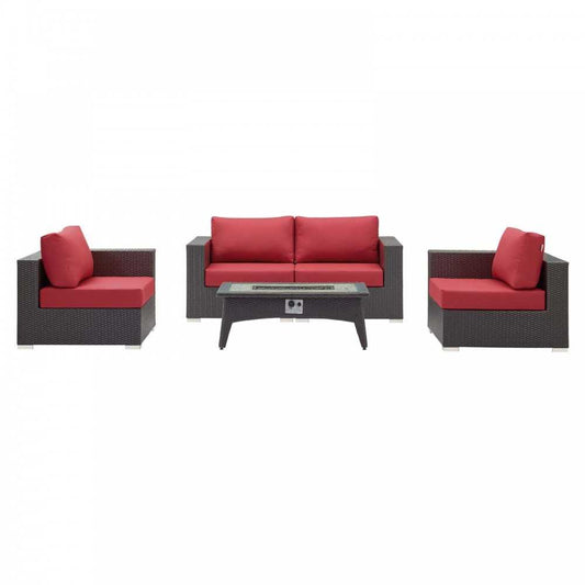 Convene 5 Piece Set Outdoor Patio with Fire Pit, Espresso Red, EEI-3728-EXP-RED-SET