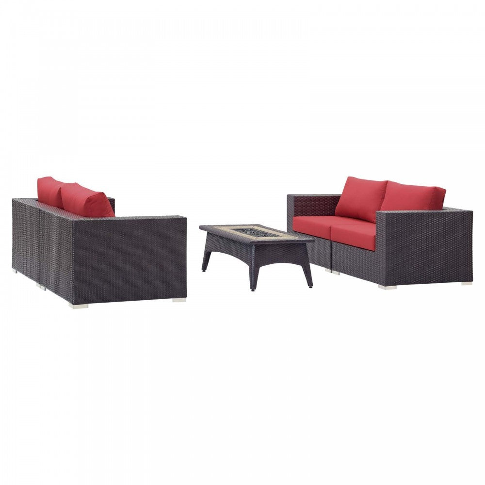 Convene 5 Piece Set Outdoor Patio with Fire Pit, Espresso Red, EEI-3728-EXP-RED-SET