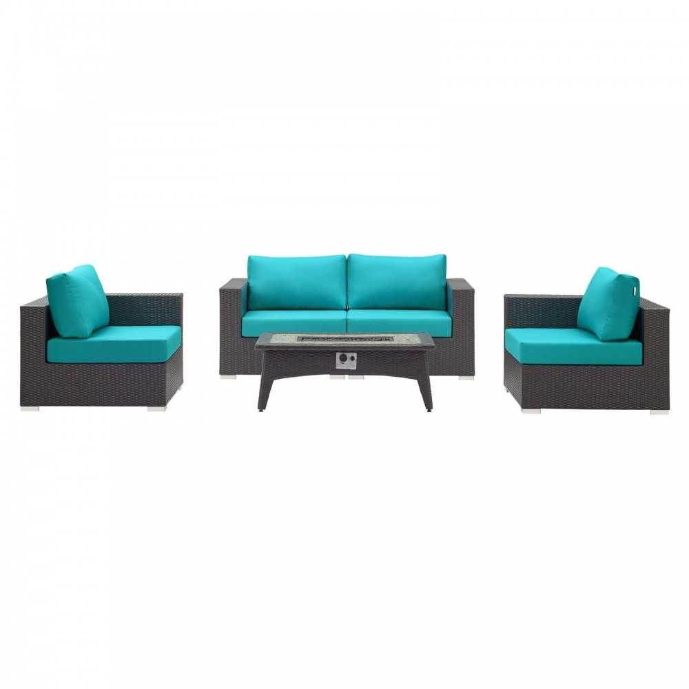 Convene 5 Piece Set Outdoor Patio with Fire Pit, Espresso Turquoise, EEI-3728-EXP-TRQ-SET