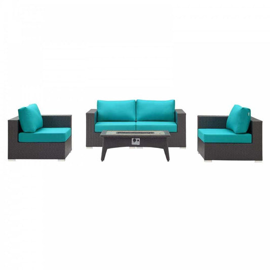 Convene 5 Piece Set Outdoor Patio with Fire Pit, Espresso Turquoise, EEI-3728-EXP-TRQ-SET