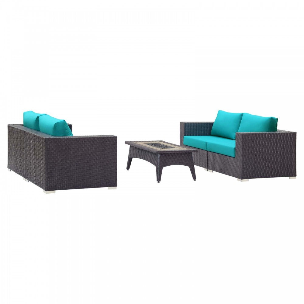 Convene 5 Piece Set Outdoor Patio with Fire Pit, Espresso Turquoise, EEI-3728-EXP-TRQ-SET