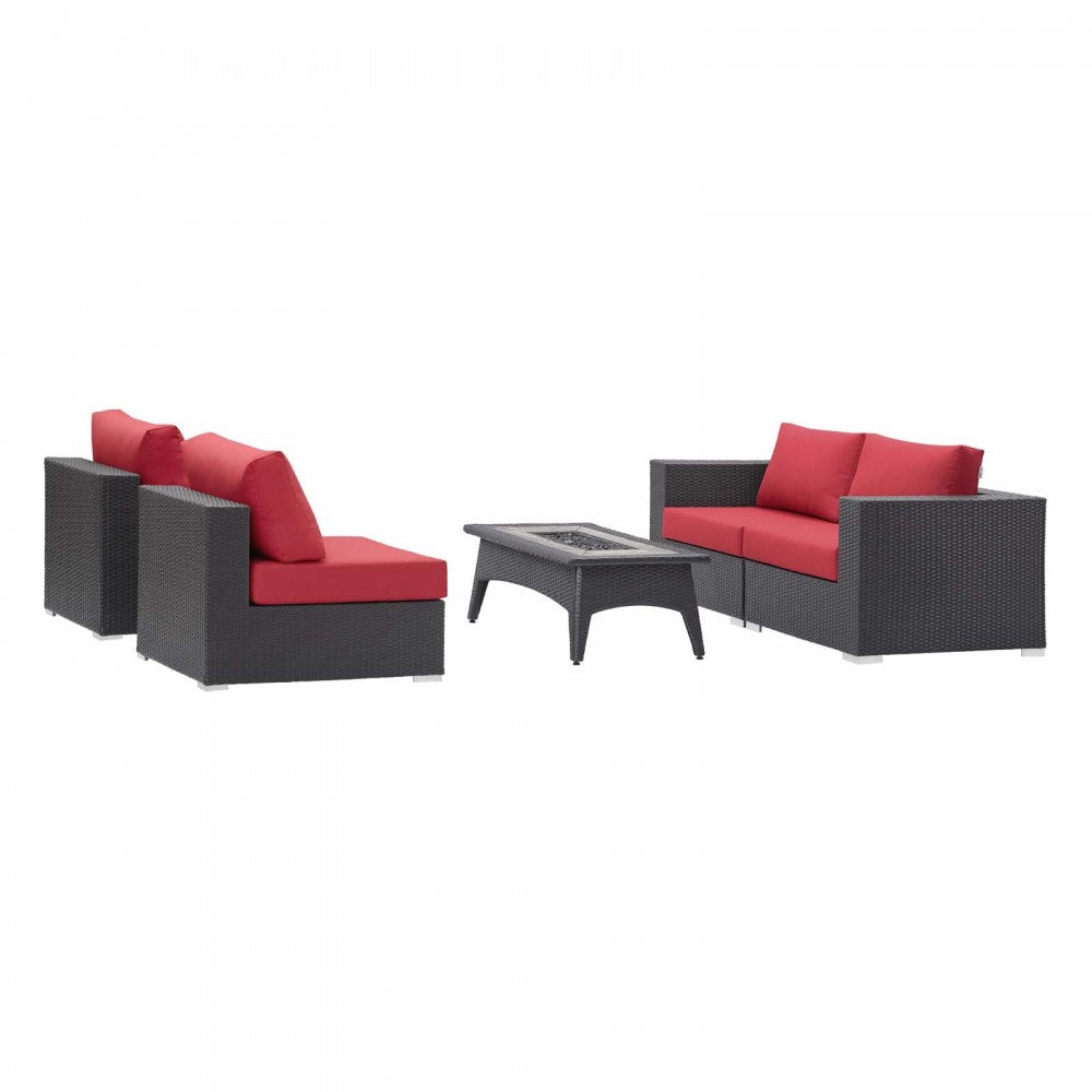 Convene 5 Piece Set Outdoor Patio with Fire Pit, Espresso Red, EEI-3723-EXP-RED-SET