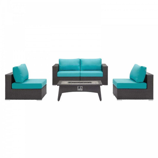 Convene 5 Piece Set Outdoor Patio with Fire Pit, Espresso Turquoise, EEI-3723-EXP-TRQ-SET