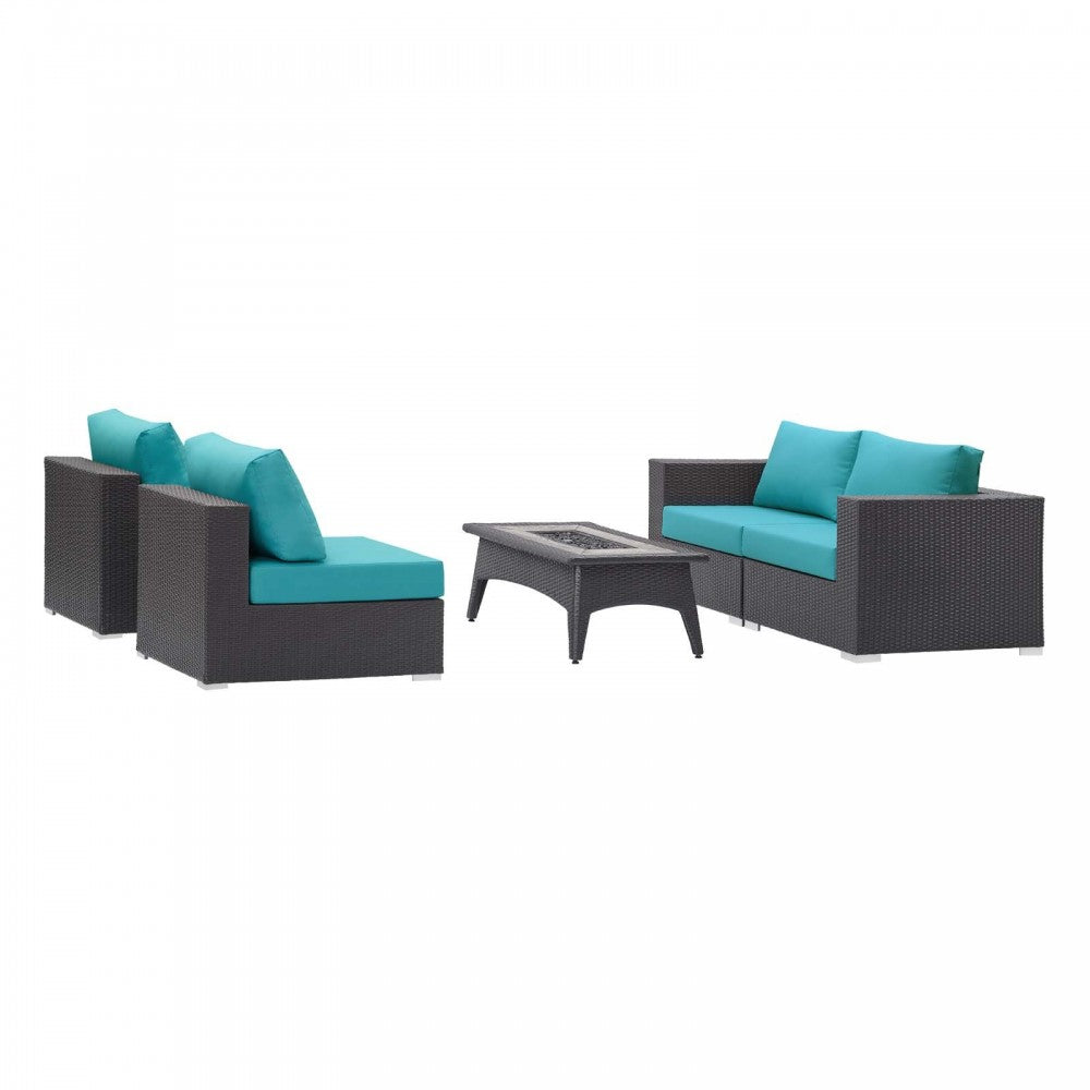 Convene 5 Piece Set Outdoor Patio with Fire Pit, Espresso Turquoise, EEI-3723-EXP-TRQ-SET