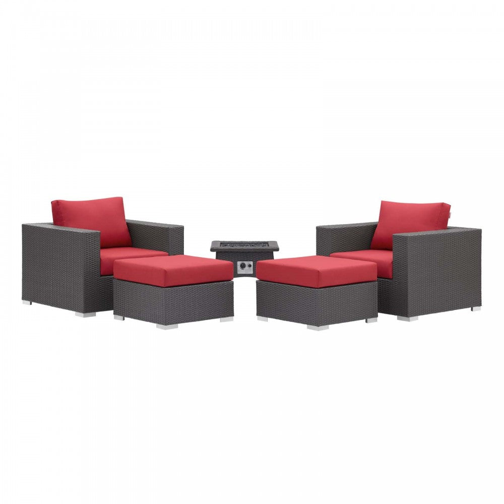 Convene 5 Piece Set Outdoor Patio with Fire Pit, Espresso Red, EEI-3726-EXP-RED-SET