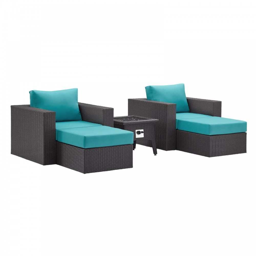 Convene 5 Piece Set Outdoor Patio with Fire Pit, Espresso Turquois