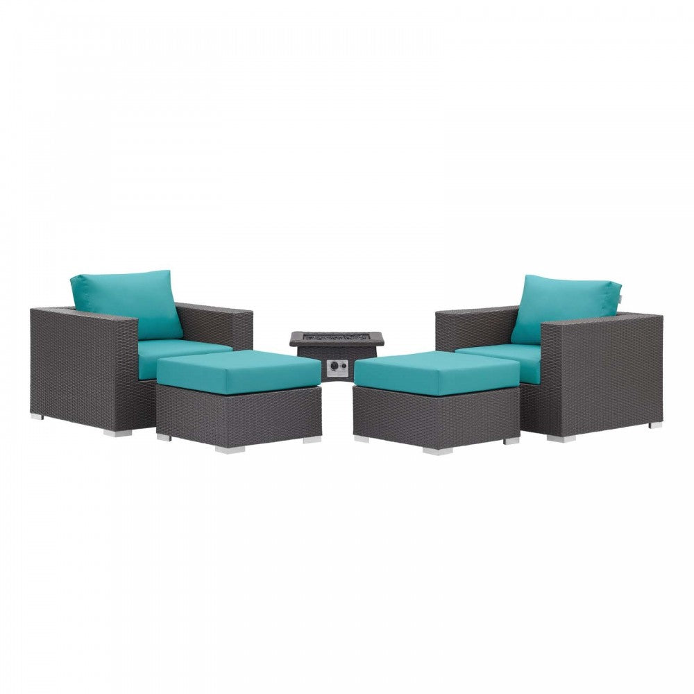 Convene 5 Piece Set Outdoor Patio with Fire Pit, Espresso Turquois