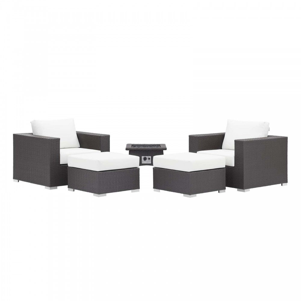 Convene 5 Piece Set Outdoor Patio with Fire Pit, Espresso White, EEI-3726-EXP-WHI-SET