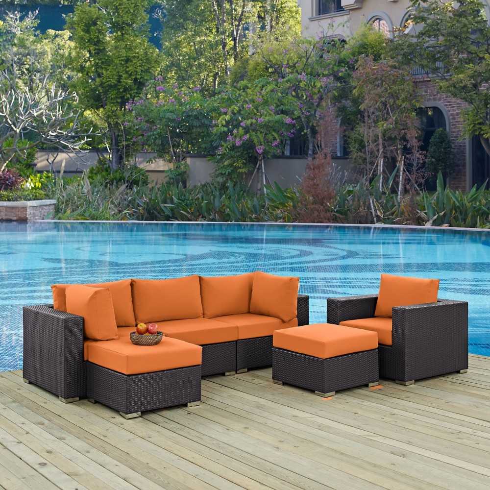 Convene 6 Piece Outdoor Patio Sectional Set, Espresso Orange, EEI-2207-EXP-ORA-SET