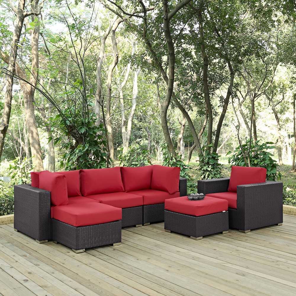 Convene 6 Piece Outdoor Patio Sectional Set, Espresso Red, EEI-2207-EXP-RED-SET