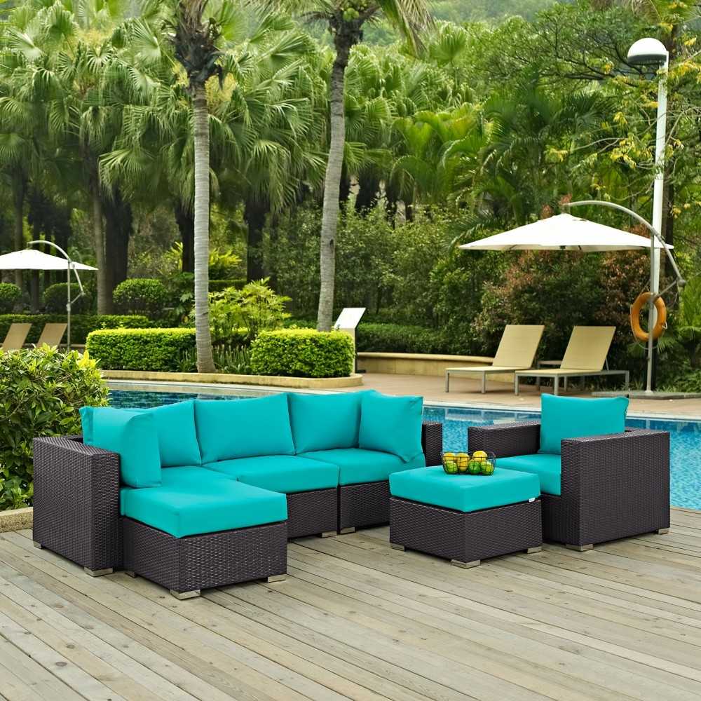 Convene 6 Piece Outdoor Patio Sectional Set, Espresso Turquoise, EEI-2207-EXP-TRQ-SET