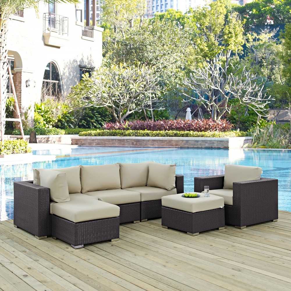 Convene 6 Piece Outdoor Patio Sectional Set, Espresso Beige, EEI-2207-EXP-BEI-SET