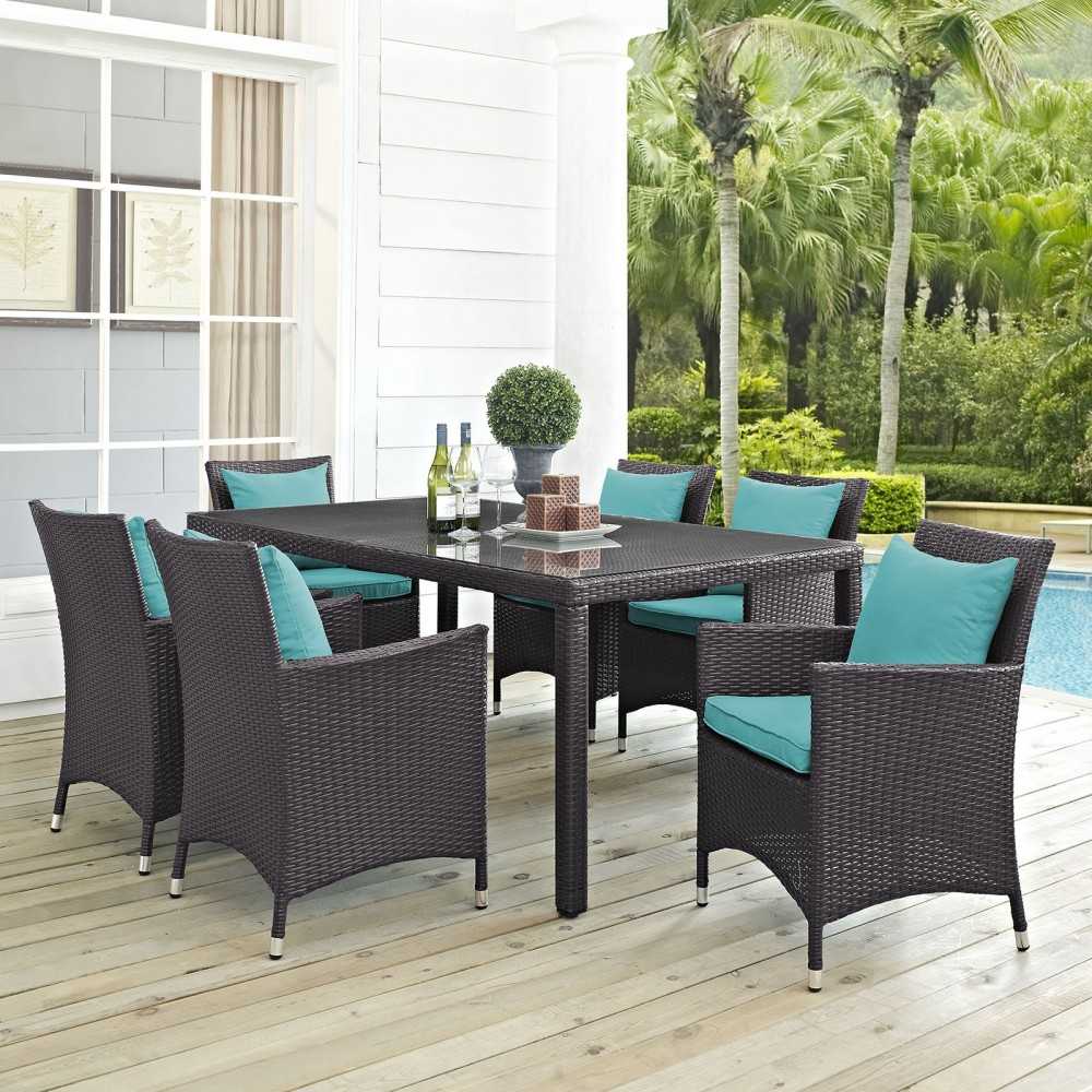 Convene 7 Piece Outdoor Patio Dining Set, Espresso Turquoise, EEI-2199-EXP-TRQ-SET