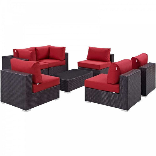 Convene 7 Piece Outdoor Patio Sectional Set, Espresso Red, EEI-2164-EXP-RED-SET