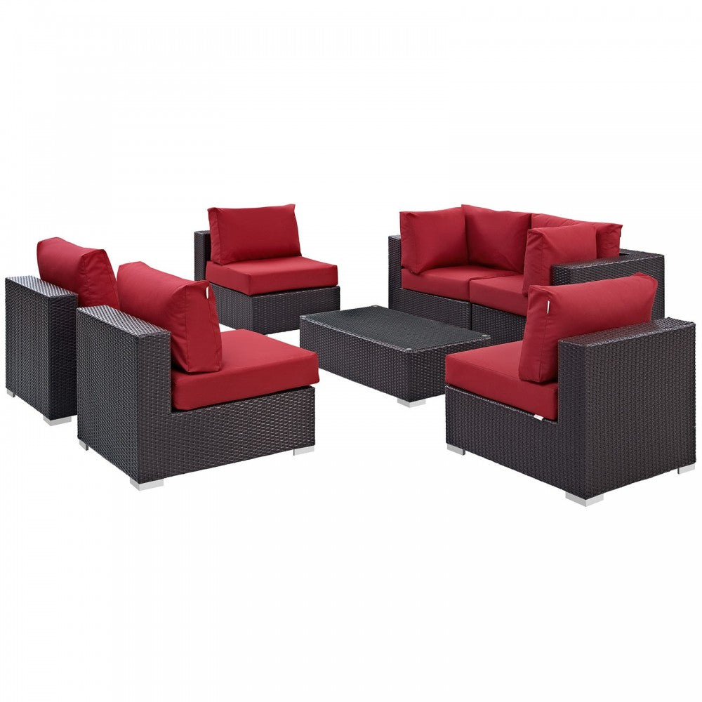 Convene 7 Piece Outdoor Patio Sectional Set, Espresso Red, EEI-2164-EXP-RED-SET
