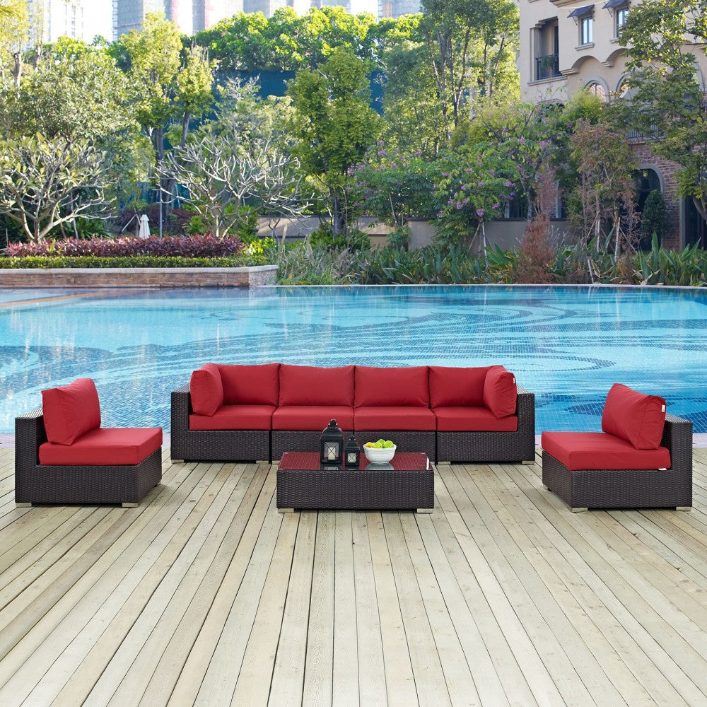Convene 7 Piece Outdoor Patio Sectional Set, Espresso Red, EEI-2164-EXP-RED-SET