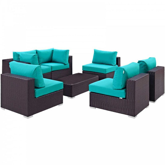 Convene 7 Piece Outdoor Patio Sectional Set, Espresso Turquoise, EEI-2164-EXP-TRQ-SET