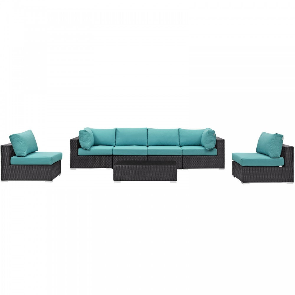 Convene 7 Piece Outdoor Patio Sectional Set, Espresso Turquoise, EEI-2164-EXP-TRQ-SET