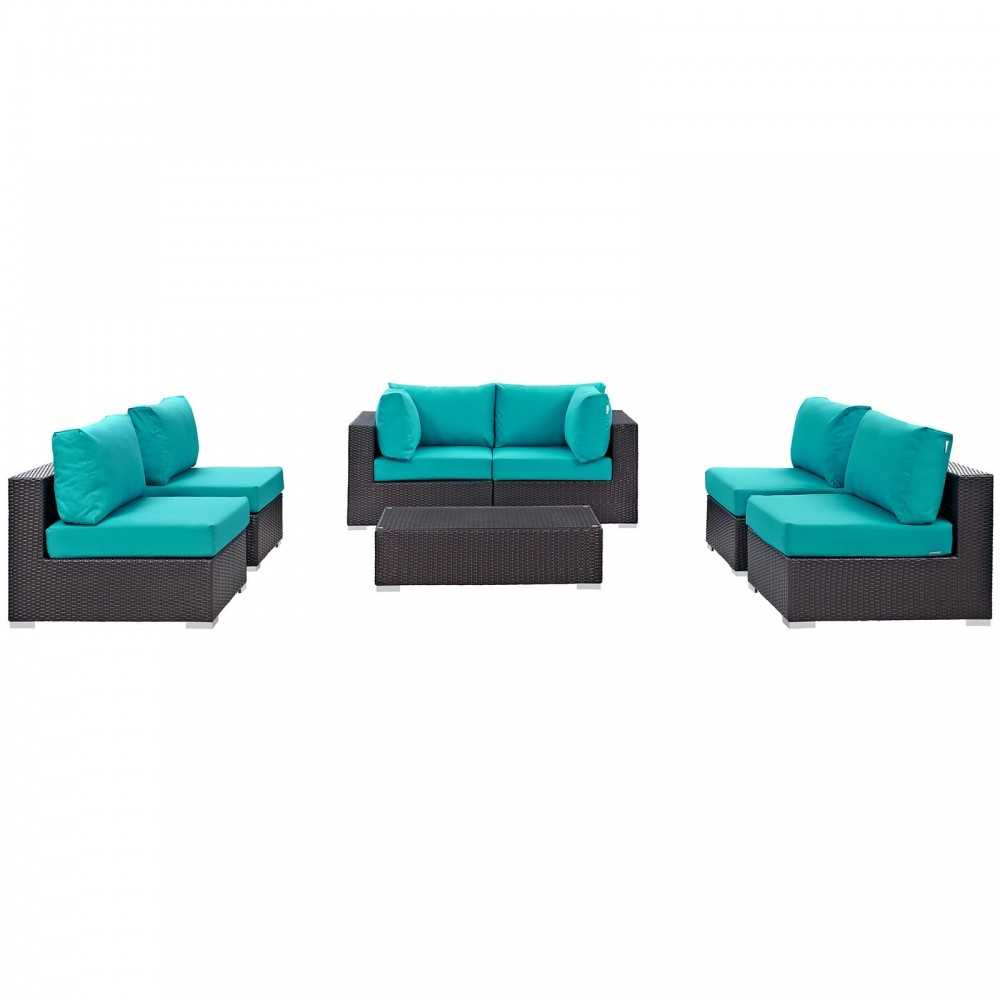 Convene 7 Piece Outdoor Patio Sectional Set, Espresso Turquoise, EEI-2164-EXP-TRQ-SET