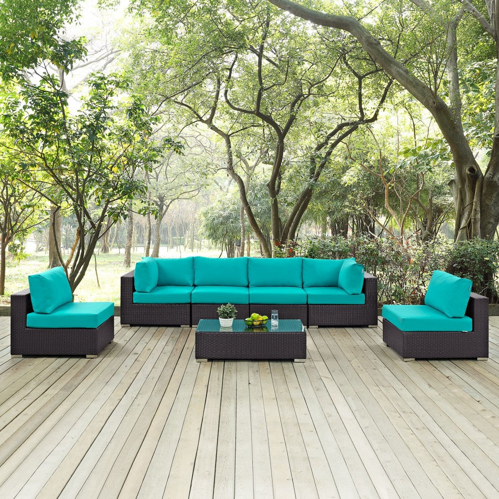 Convene 7 Piece Outdoor Patio Sectional Set, Espresso Turquoise, EEI-2164-EXP-TRQ-SET