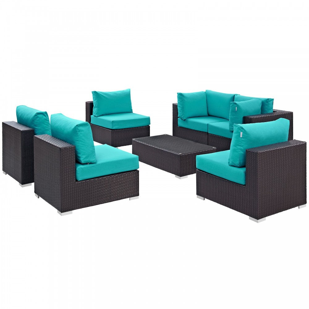 Convene 7 Piece Outdoor Patio Sectional Set, Espresso Turquoise, EEI-2164-EXP-TRQ-SET