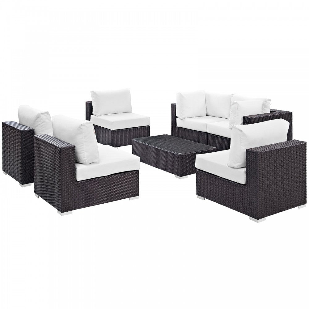 Convene 7 Piece Outdoor Patio Sectional Set, Espresso White, EEI-2164-EXP-WHI-SET