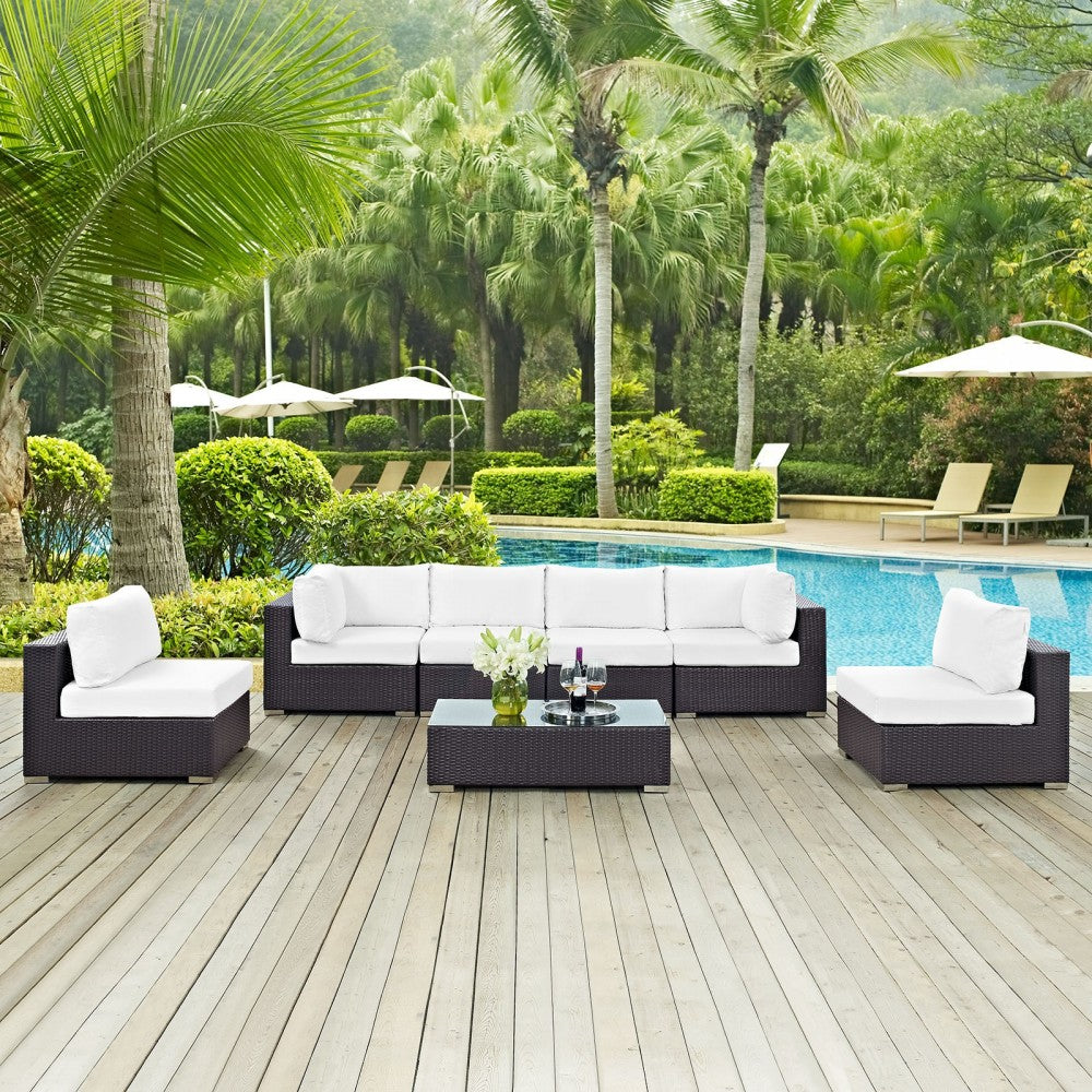 Convene 7 Piece Outdoor Patio Sectional Set, Espresso White, EEI-2164-EXP-WHI-SET