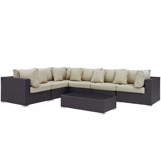 Convene 7 Piece Outdoor Patio Sectional Set, Espresso Beige, EEI-2168-EXP-BEI-SET