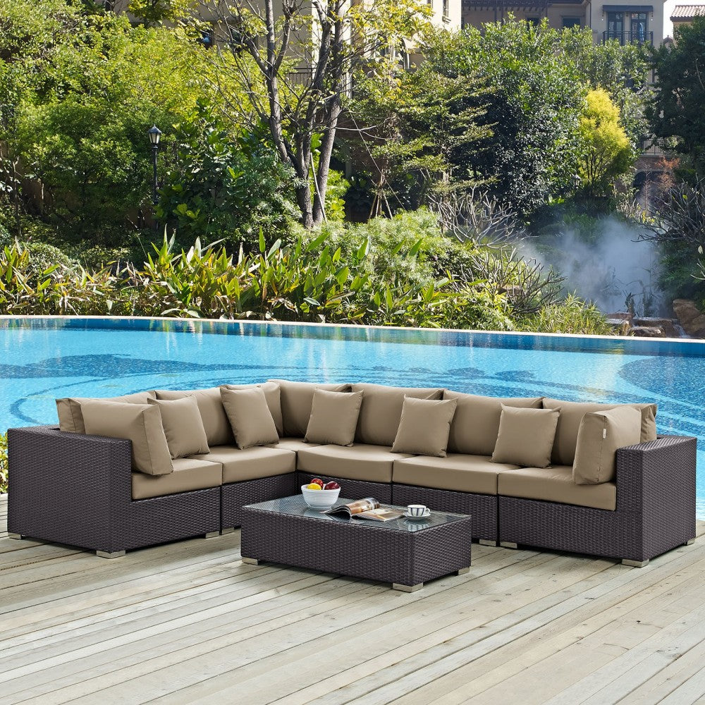 Convene 7 Piece Outdoor Patio Sectional Set, Espresso Mocha, EEI-2168-EXP-MOC-SET