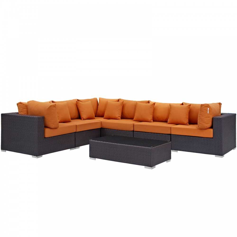 Convene 7 Piece Outdoor Patio Sectional Set, Expresso Orange, EEI-2168-EXP-ORA-SET