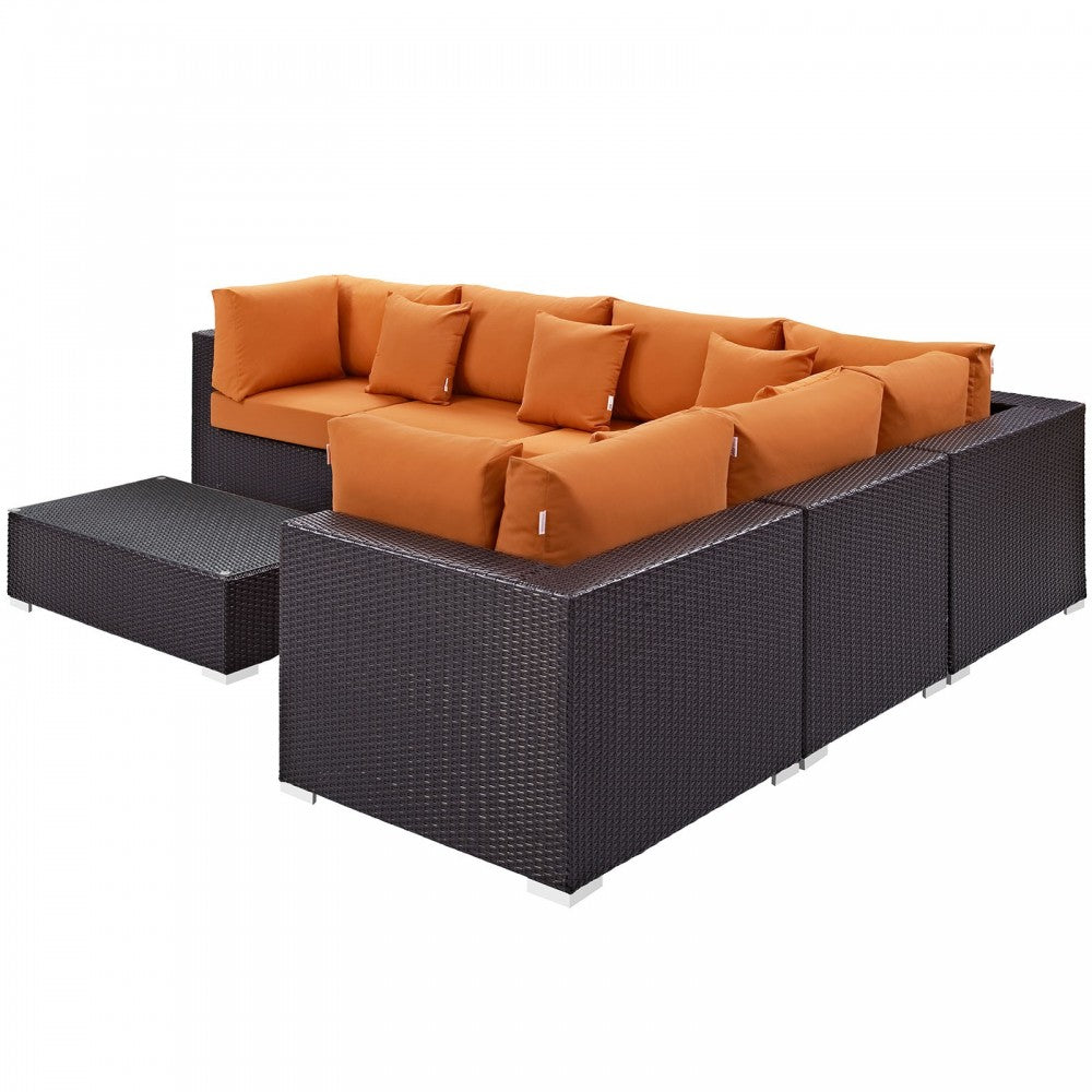 Convene 7 Piece Outdoor Patio Sectional Set, Expresso Orange, EEI-2168-EXP-ORA-SET