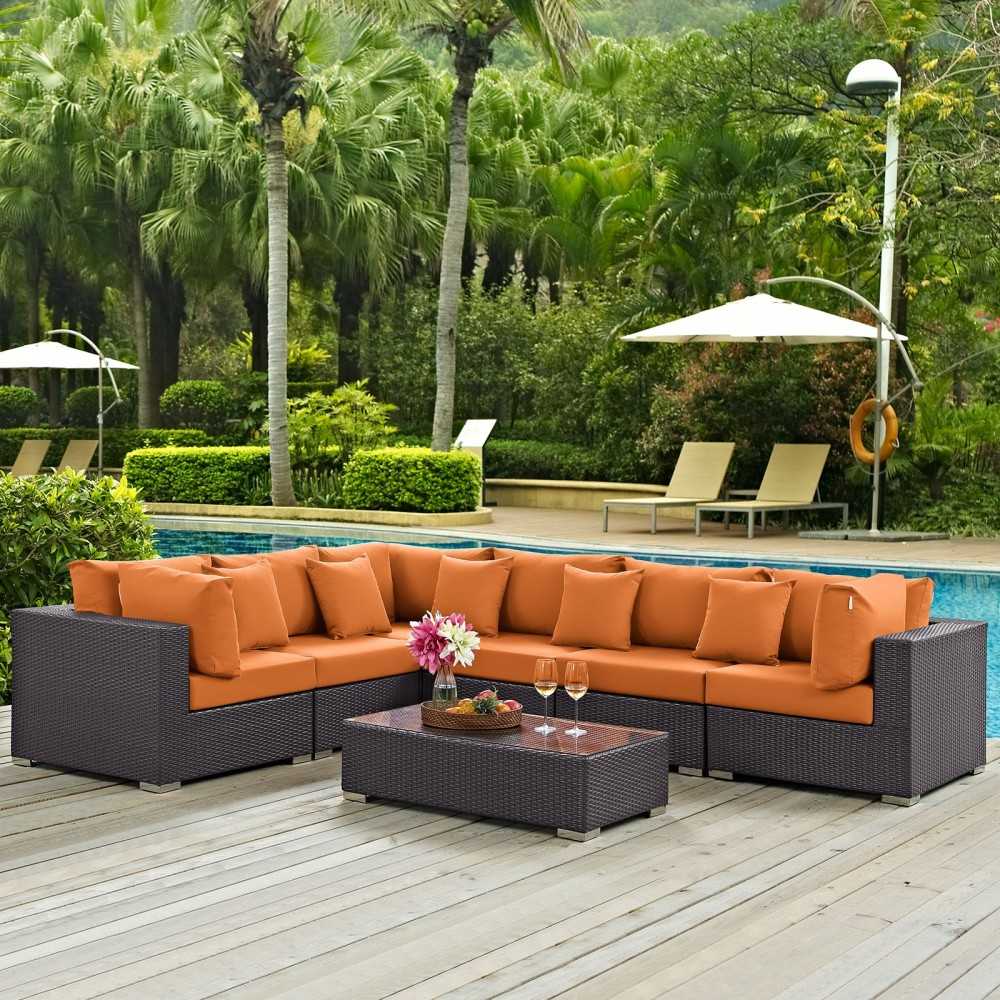 Convene 7 Piece Outdoor Patio Sectional Set, Expresso Orange, EEI-2168-EXP-ORA-SET