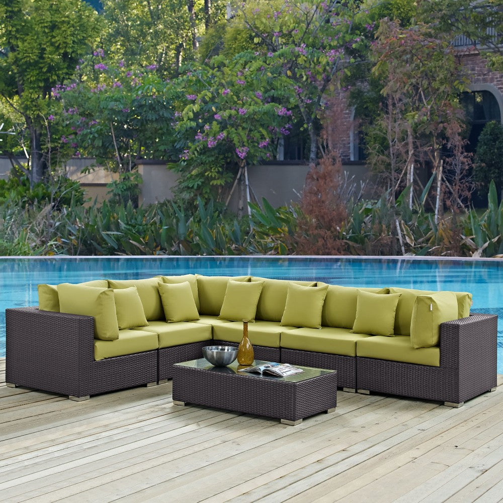 Convene 7 Piece Outdoor Patio Sectional Set, Expresso Peridot, EEI-2168-EXP-PER-SET