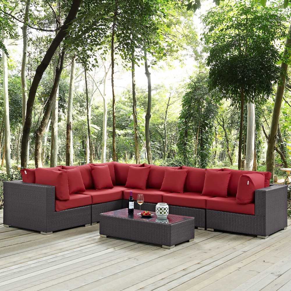 Convene 7 Piece Outdoor Patio Sectional Set, Expresso Red, EEI-2168-EXP-RED-SET