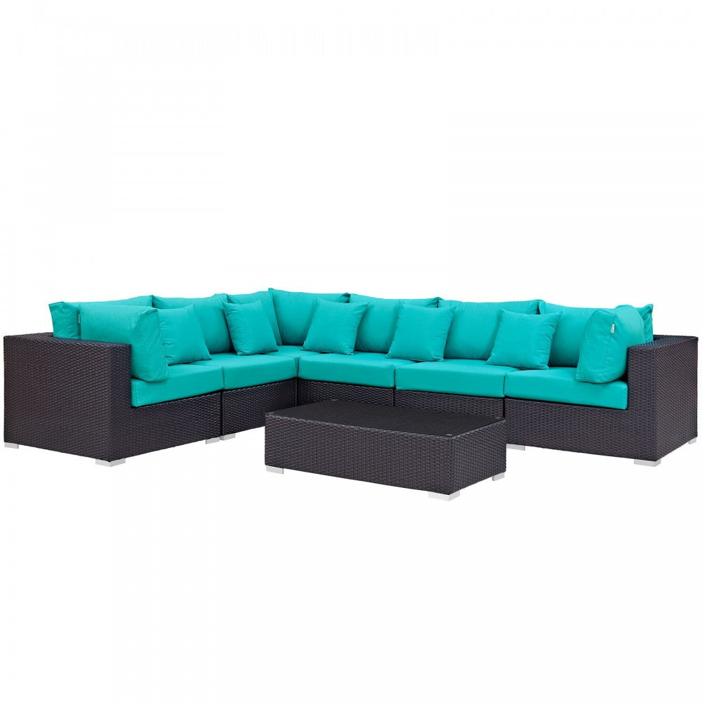 Convene 7 Piece Outdoor Patio Sectional Set, Expresso Turquoise, EEI-2168-EXP-TRQ-SET