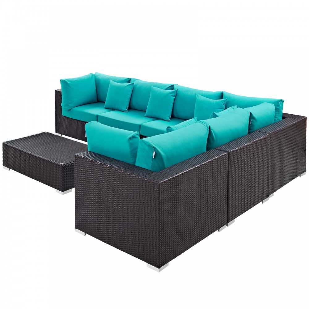 Convene 7 Piece Outdoor Patio Sectional Set, Expresso Turquoise, EEI-2168-EXP-TRQ-SET