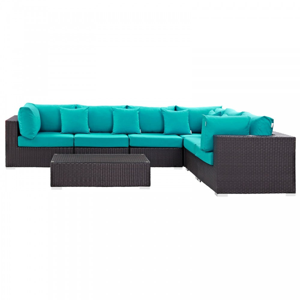 Convene 7 Piece Outdoor Patio Sectional Set, Expresso Turquoise, EEI-2168-EXP-TRQ-SET