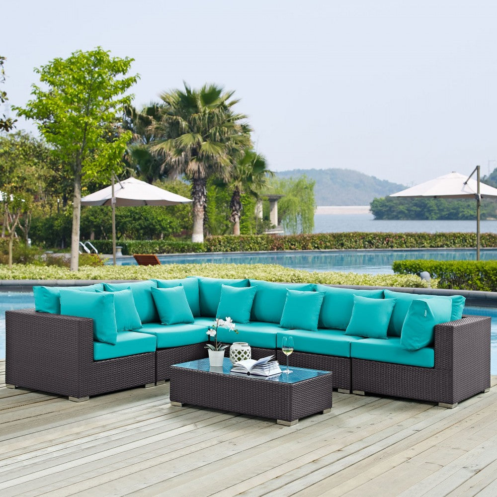 Convene 7 Piece Outdoor Patio Sectional Set, Expresso Turquoise, EEI-2168-EXP-TRQ-SET