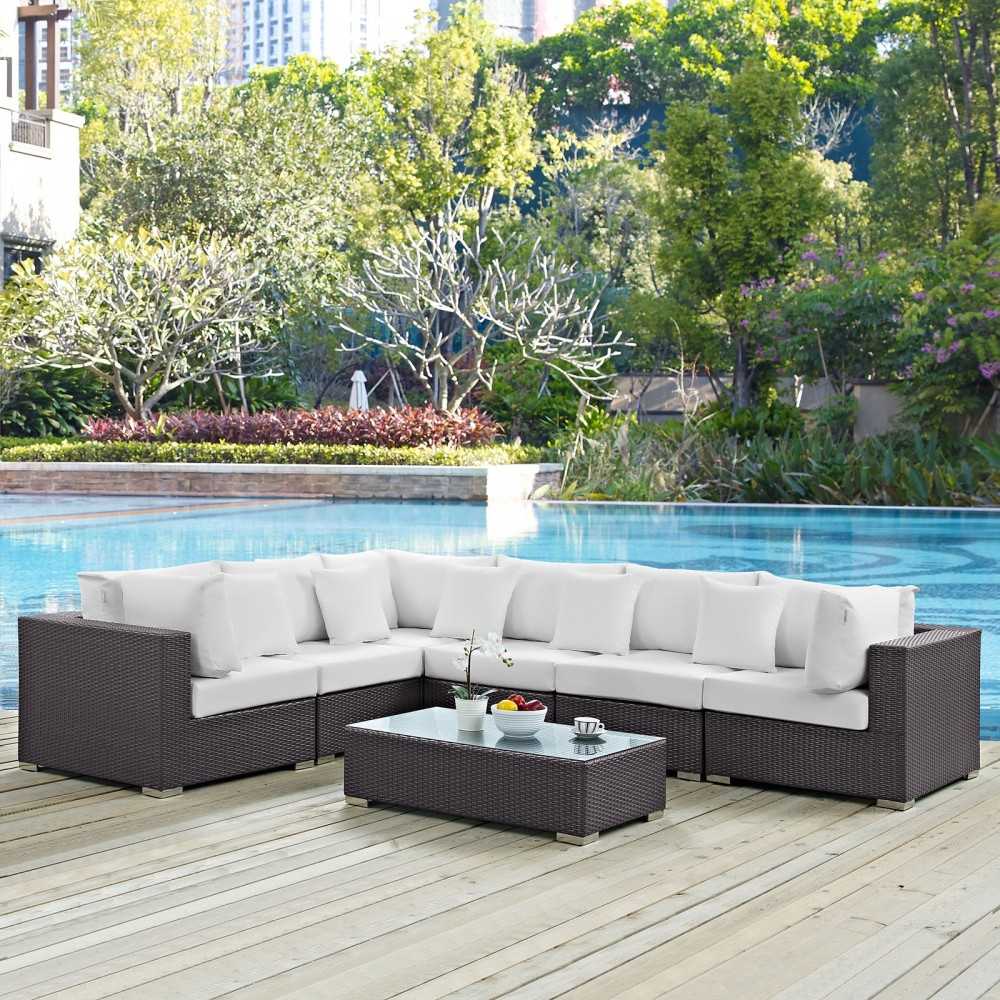 Convene 7 Piece Outdoor Patio Sectional Set, Espresso White, EEI-2168-EXP-WHI-SET