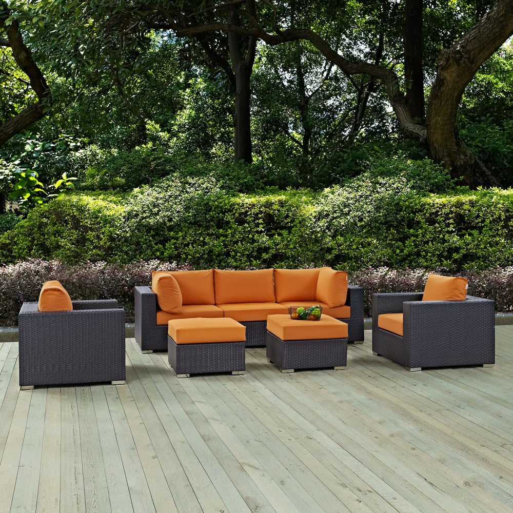 Convene 7 Piece Outdoor Patio Sectional Set, Espresso Orange, EEI-2200-EXP-ORA-SET
