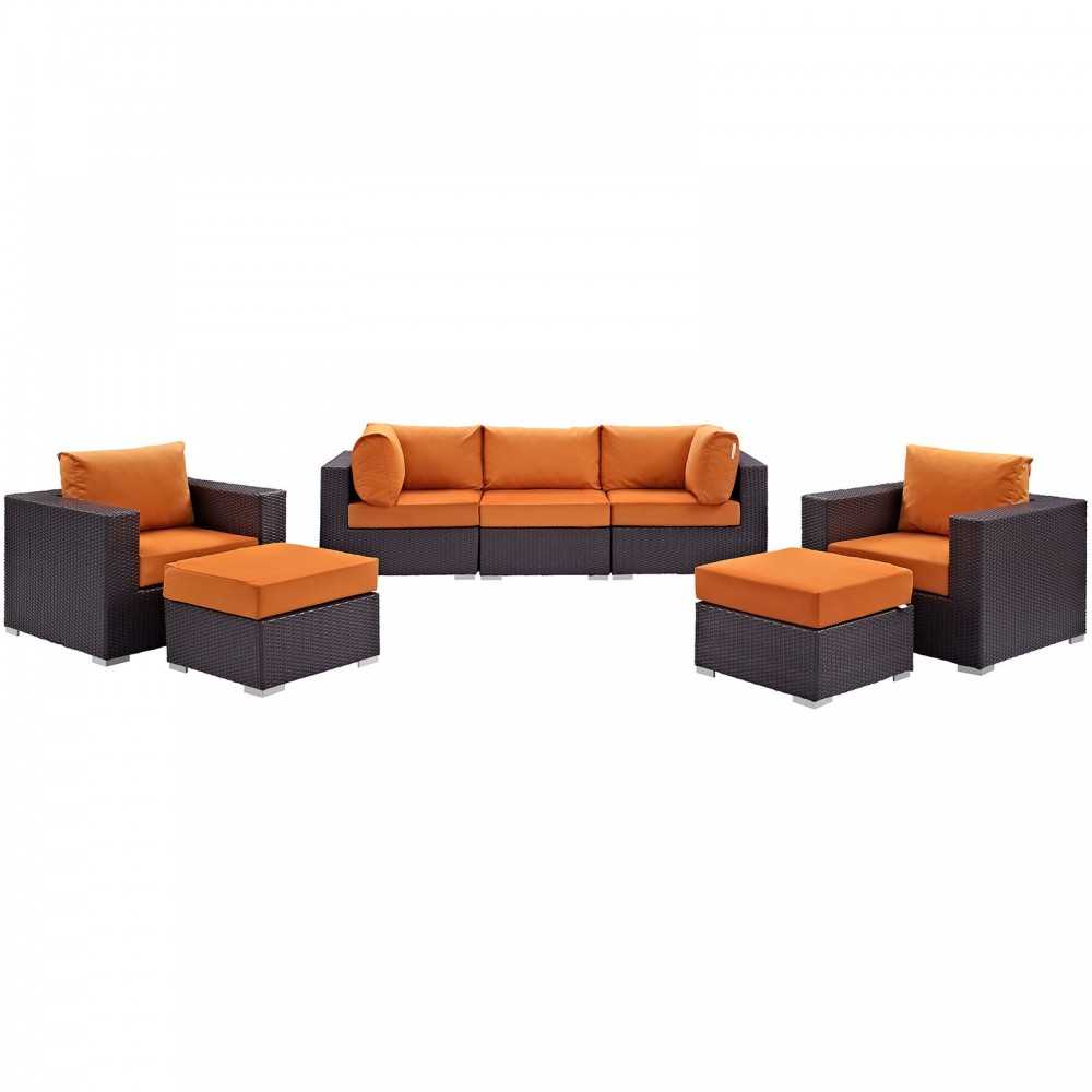 Convene 7 Piece Outdoor Patio Sectional Set, Espresso Orange, EEI-2200-EXP-ORA-SET