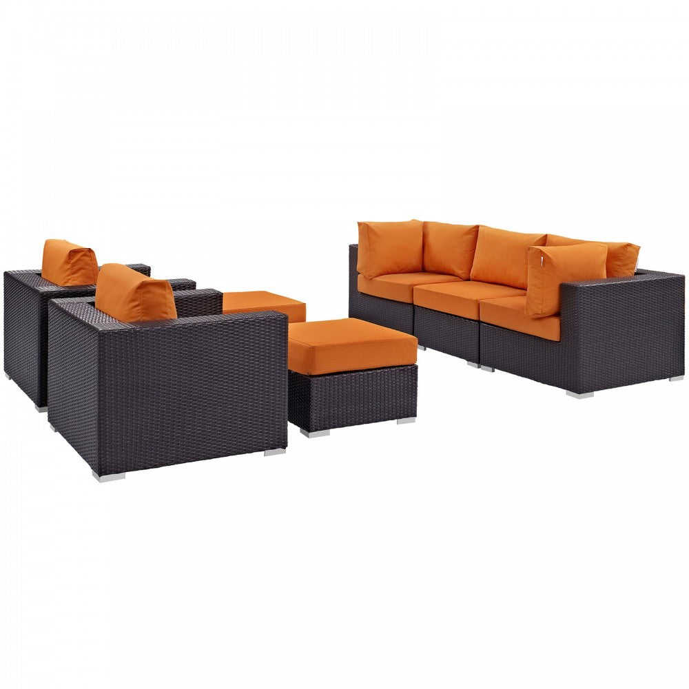 Convene 7 Piece Outdoor Patio Sectional Set, Espresso Orange, EEI-2200-EXP-ORA-SET