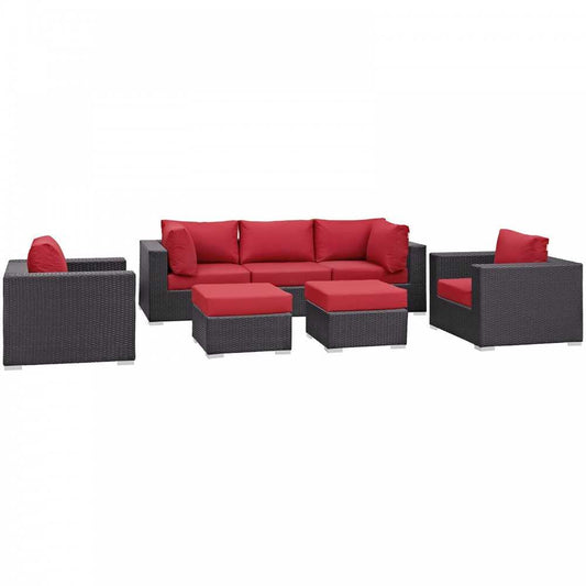 Convene 7 Piece Outdoor Patio Sectional Set, Espresso Red, EEI-2200-EXP-RED-SET