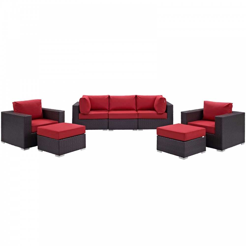 Convene 7 Piece Outdoor Patio Sectional Set, Espresso Red, EEI-2200-EXP-RED-SET