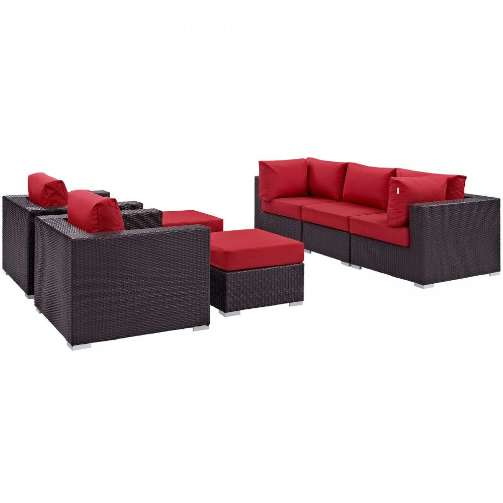 Convene 7 Piece Outdoor Patio Sectional Set, Espresso Red, EEI-2200-EXP-RED-SET
