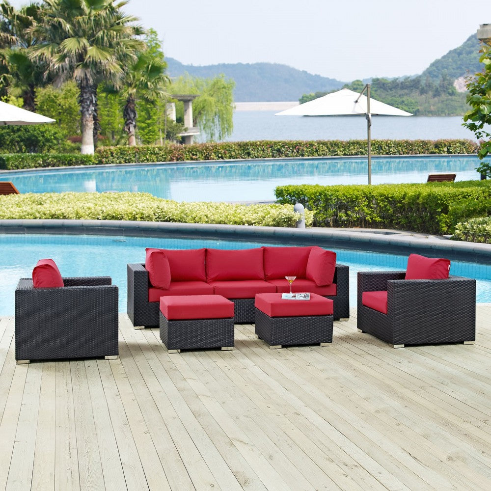 Convene 7 Piece Outdoor Patio Sectional Set, Espresso Red, EEI-2200-EXP-RED-SET