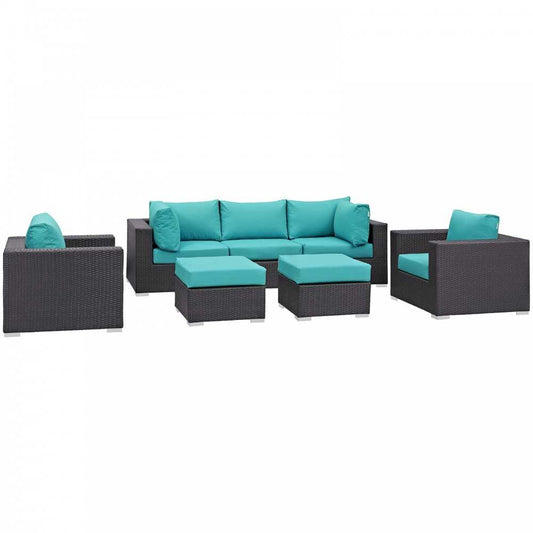 Convene 7 Piece Outdoor Patio Sectional Set, Espresso Turquoise, EEI-2200-EXP-TRQ-SET